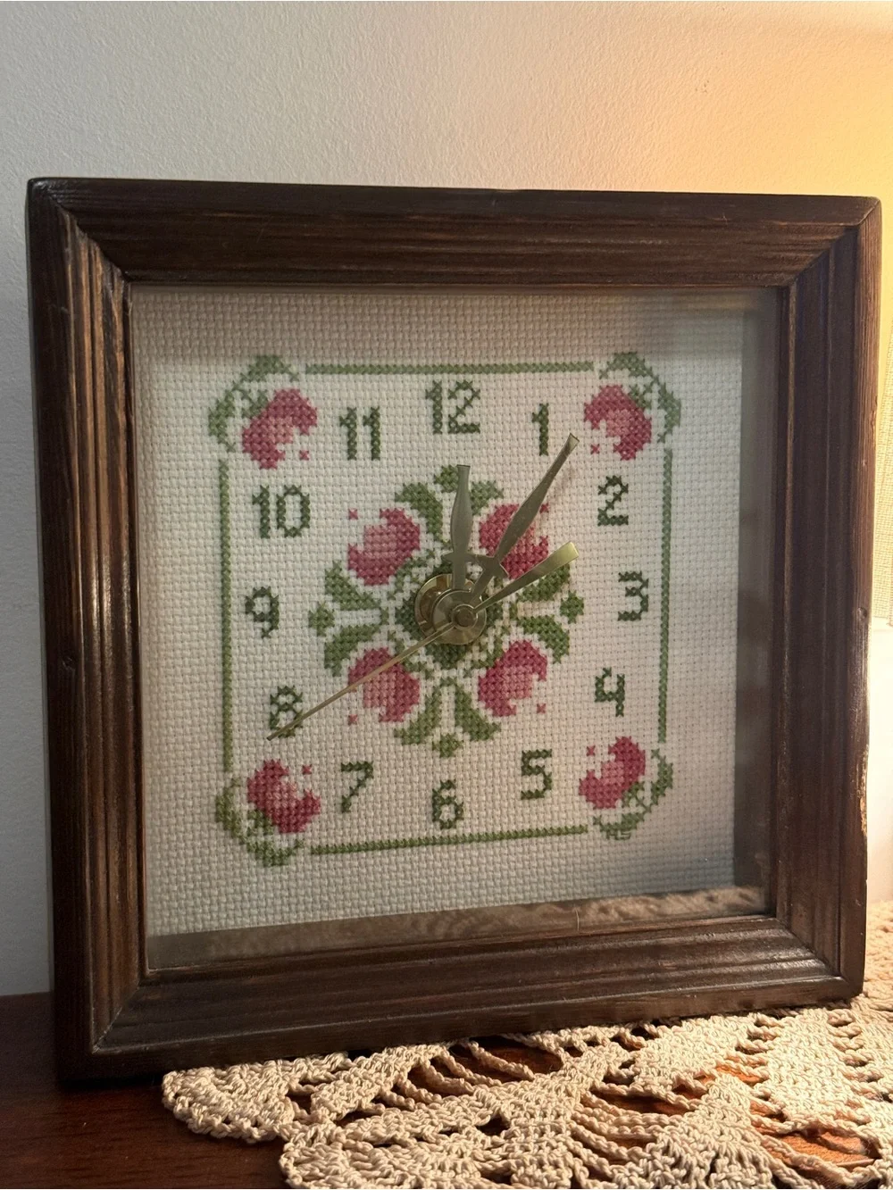 Vintage-Inspired Pink Floral Cross-Stitch Wall Clock, Framed
